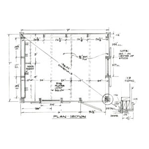 black and white diagram of the floor plan of a shed